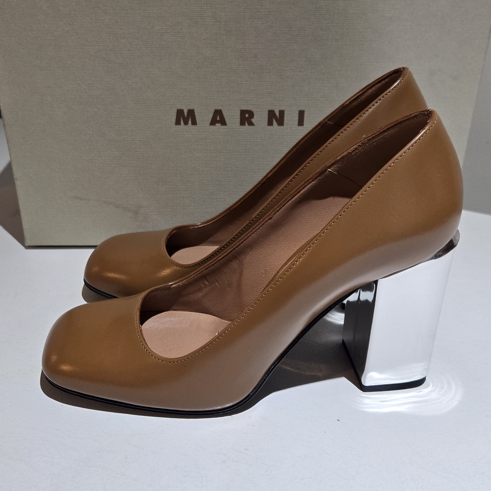 Marni Brown Leather Heels with Silver Block Heel
